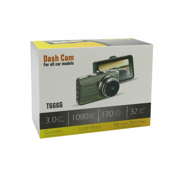 Boxed dash cam with specifications on a white background