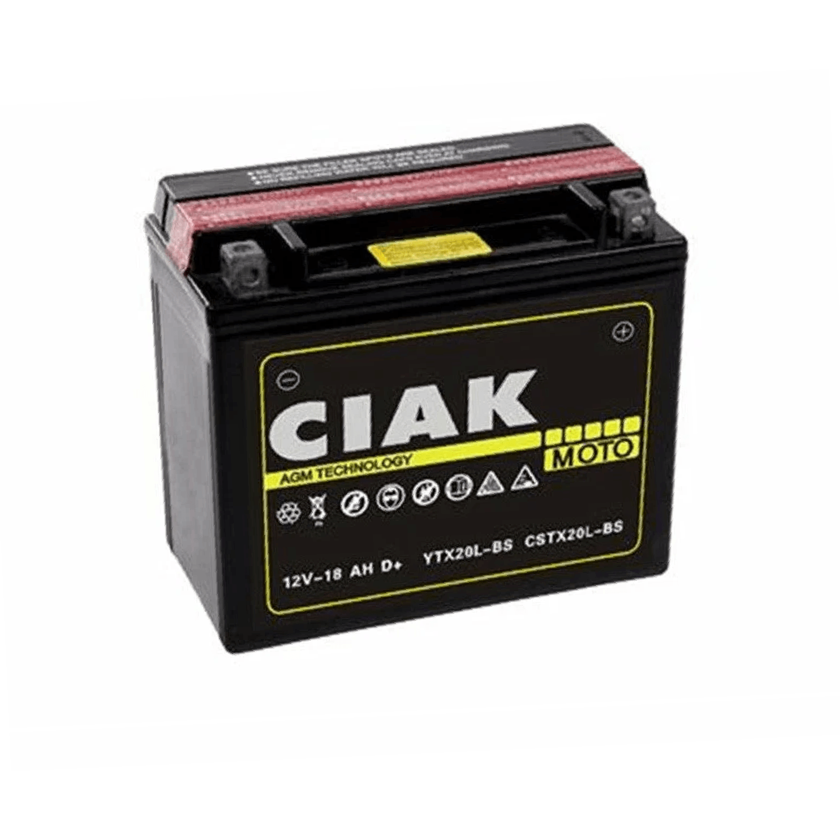 A black CIAK brand motorcycle battery with yellow and white labeling, shown on a plain white background.