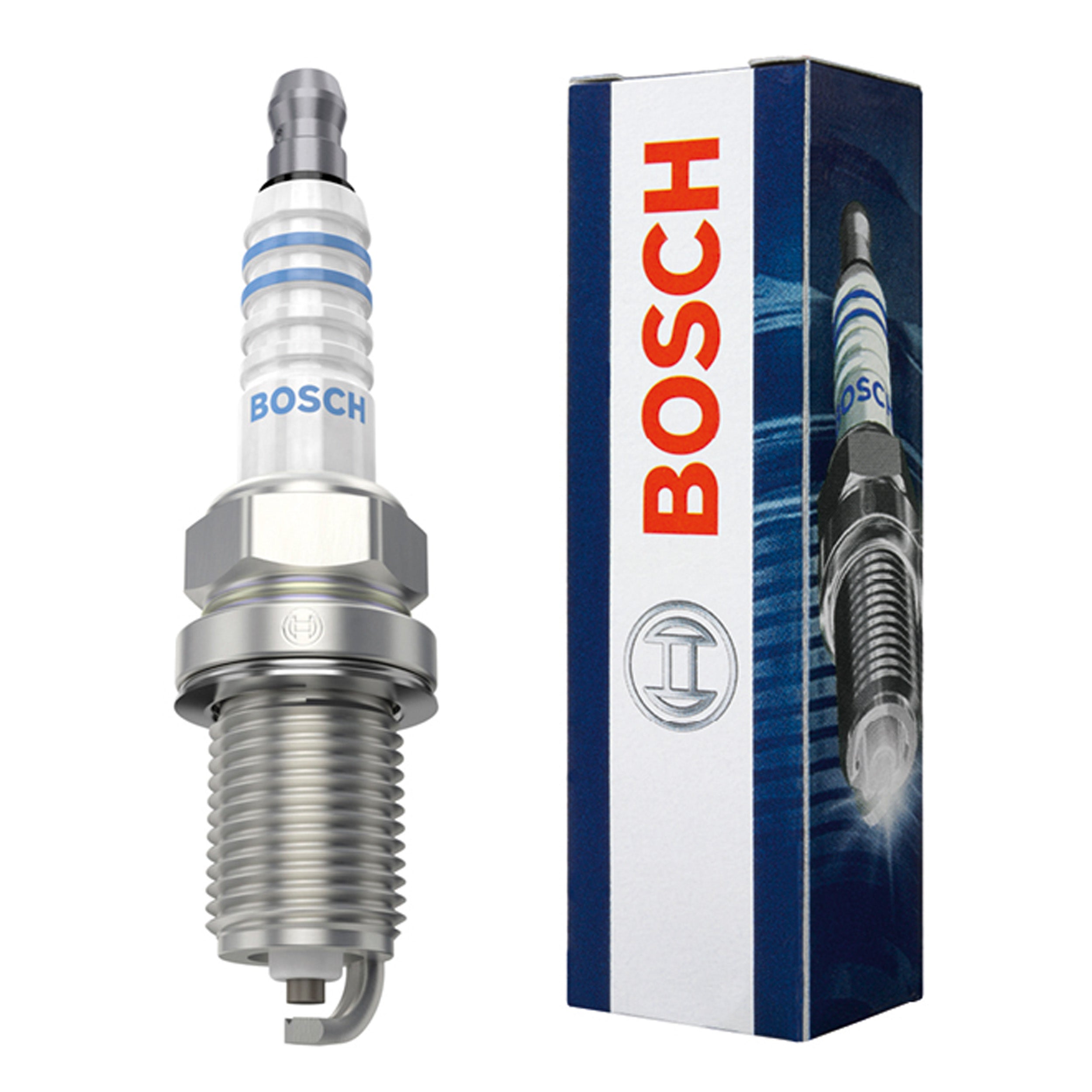 Bosch 1 Pole Nickel Spark Plug with model number 0242235666 (FR7DC+), displayed alongside its packaging box.