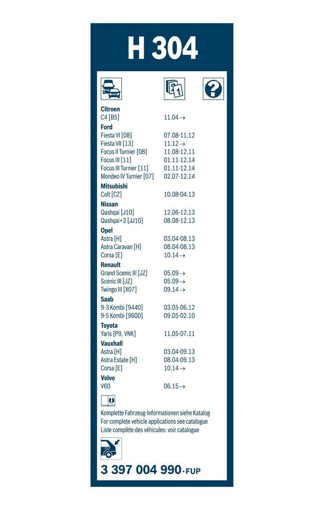 Bosch Rear Wiper Blade 3397004990 - 12 in - H304